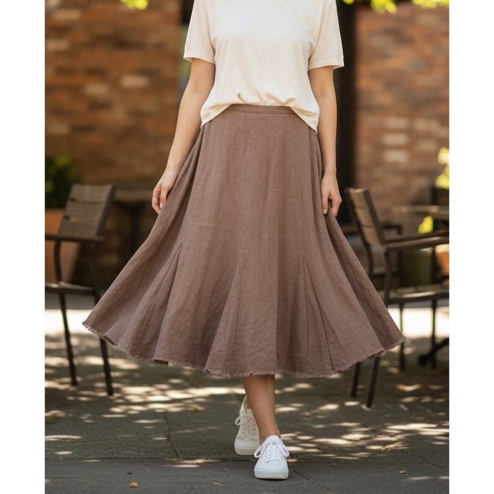 Polo Ralph Lauren Linen Midi Skirt Women 12 Brown Excellent Frayed Hem Pleated